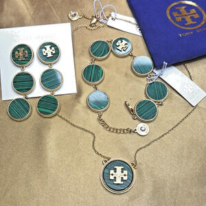 Tory Burch Malachite Green Gold Jewelry Set 3 Bundle Necklace Bracelet Earrings